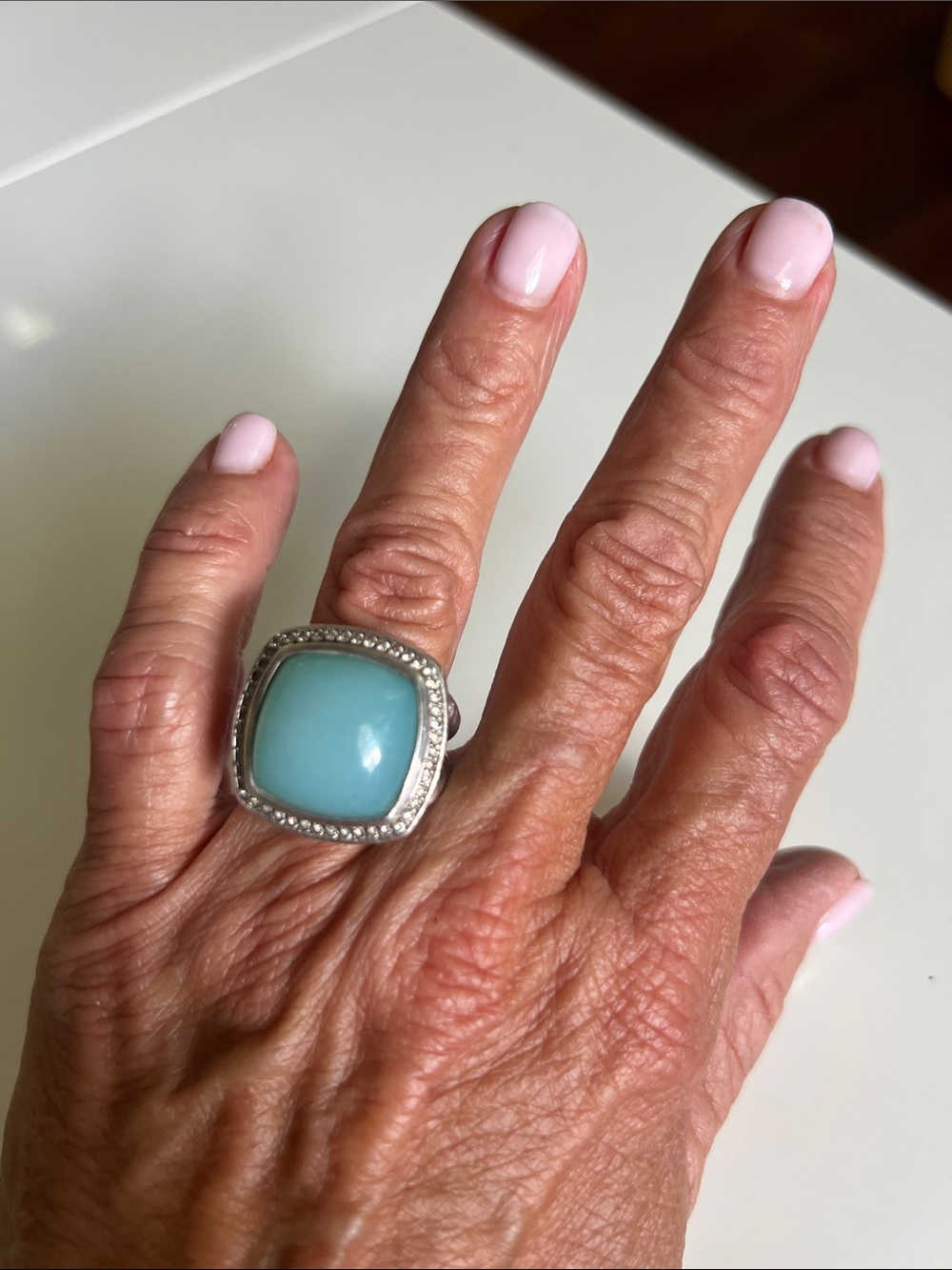 David Yurman bright aqua chalcedony and diamond cocktail ring.